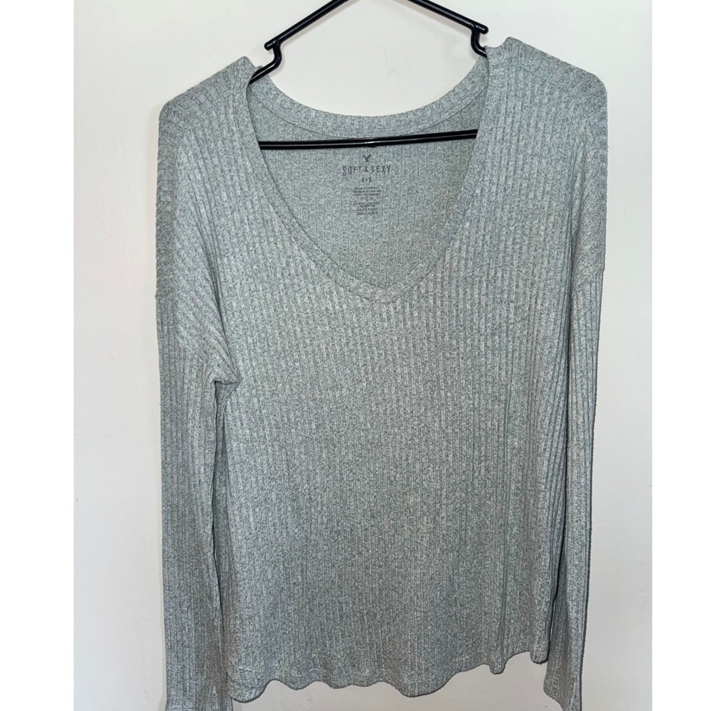 American Eagle Soft & Sexy Rib V-Neck Long Sleeve Top Grey/Teal Green Large
